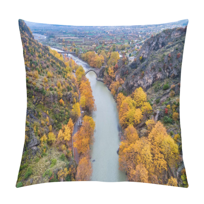 Personality  Aerial View Of Konitsa Old Bridge And Aoos River An Autumn Day, Greece. Pillow Covers