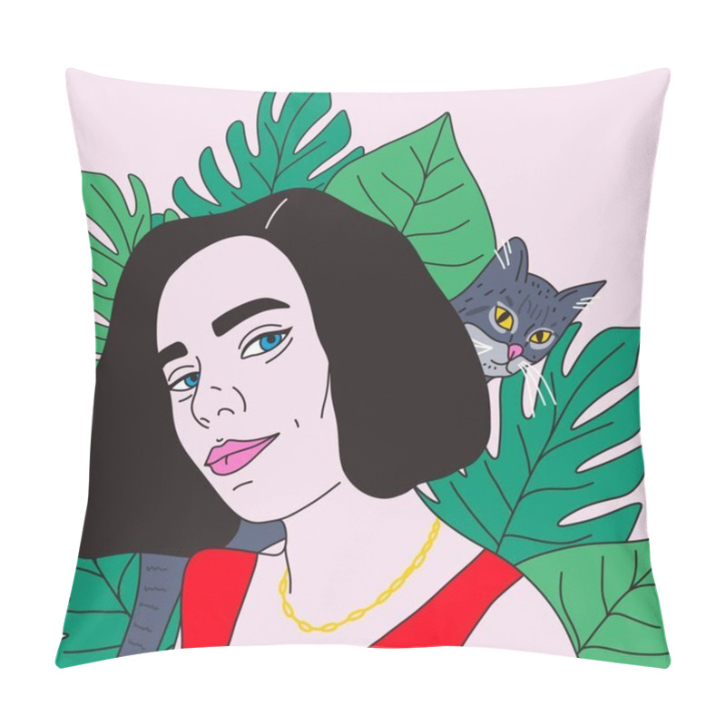 Personality  Abstract Woman Portrait. Modern Flat Girl Face With Cat, Plants, Hand Drawn Cartoon Style, Female Avatar For Print. Vector Art. Pillow Covers