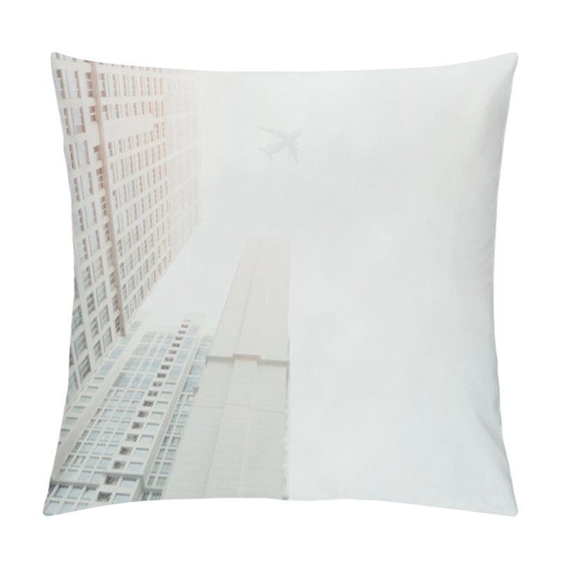 Personality  White Contemporary Residential Skyscraper With A Flying Airplane Sihlouette Above Pillow Covers