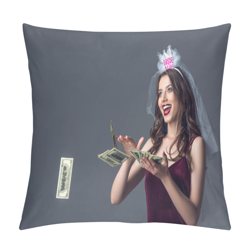 Personality  Beautiful Future Bride In Veil For Bachelorette Party Throwing Money Away Isolated On Grey Pillow Covers