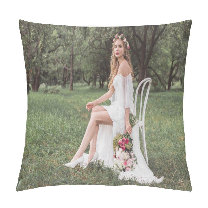 Personality  Beautiful Young Bride With Wedding Bouquet Sitting On Chair And Looking At Camera In Park  Pillow Covers