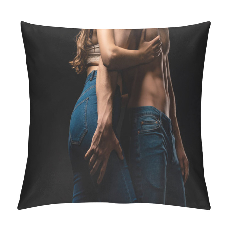 Personality  Partial View Of Attractive Young Woman Hugging Sexy Boyfriend Isolated On Black Pillow Covers