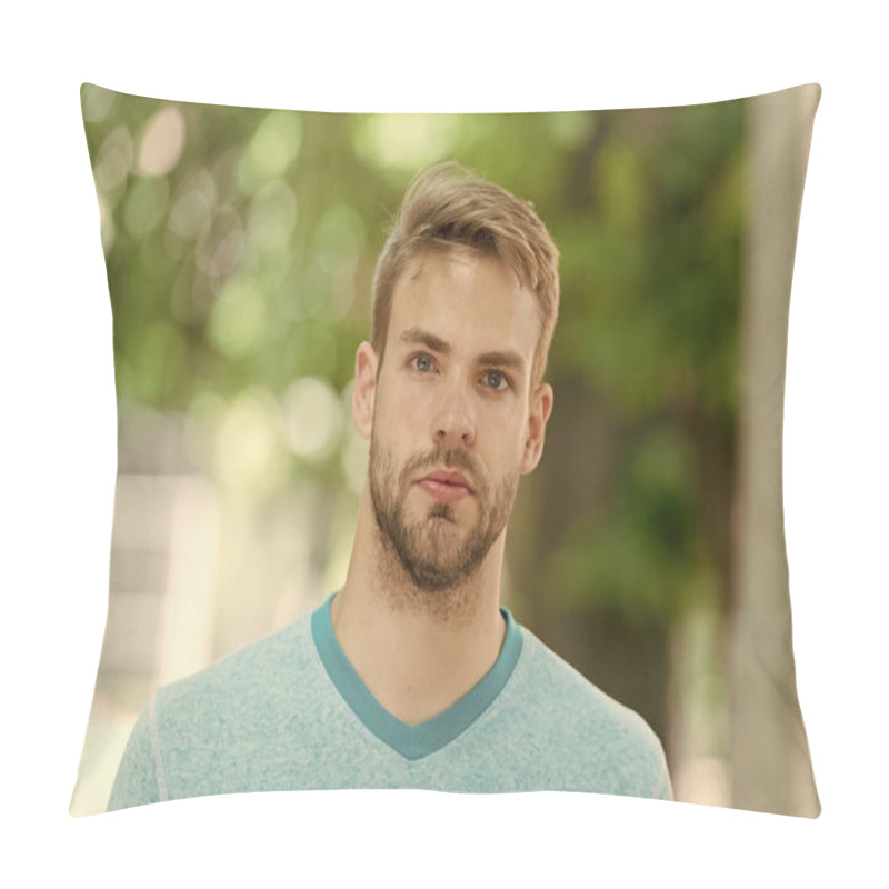 Personality  Man With Bristle On Calm Face, Nature Background, Defocused. Man With Beard Or Unshaven Guy Looks Handsome Outdoor. Guy Bearded And Attractive Cares About His Appearance. Skin Care Concept Pillow Covers