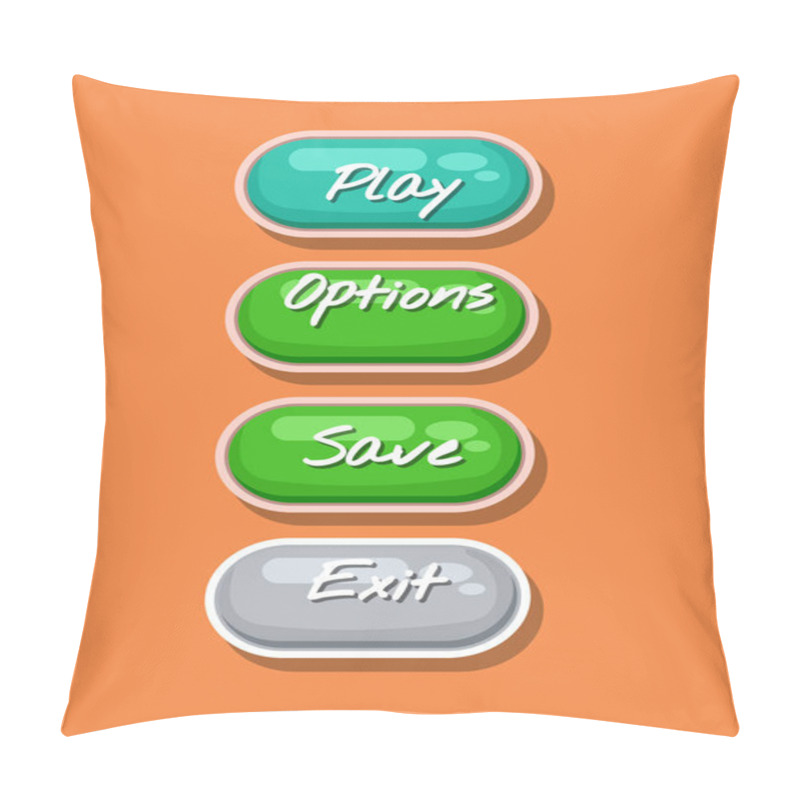 Personality  App Graphical User Interface Cartoon Design Set. Play, Save, Options And Exit Original Buttons. Bright User Navigation Objects, Computer Game Menu Collection Isolated Vector Illustration. Pillow Covers