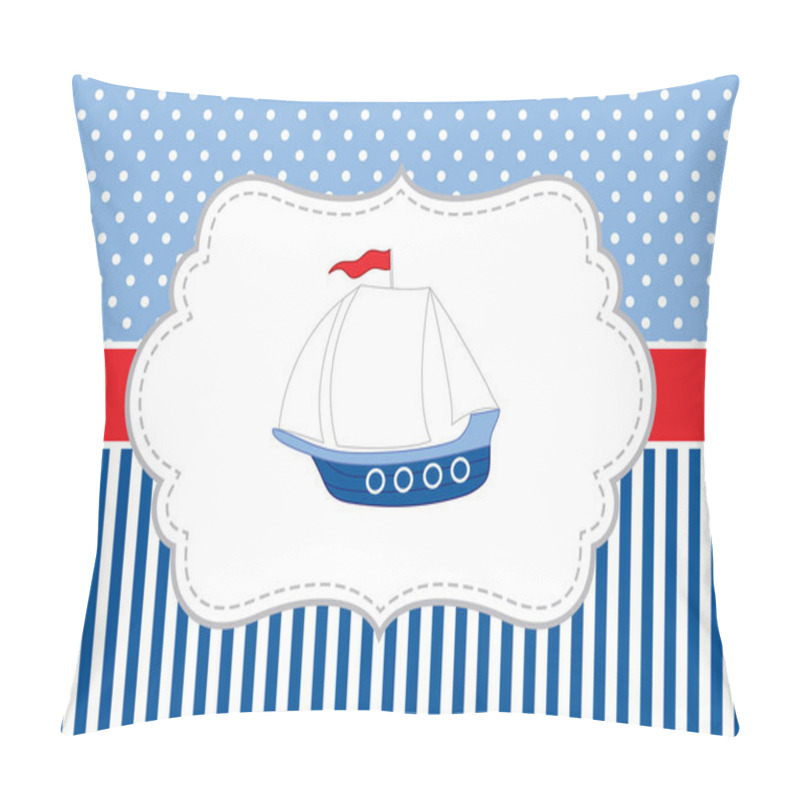 Personality  Vector Card Template With A Ship On Polka Dot And Stripes Background. Vector Nautical. Pillow Covers