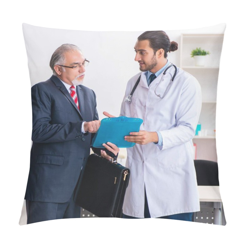 Personality  Doctor And Businessman Discussing Medical Project Pillow Covers