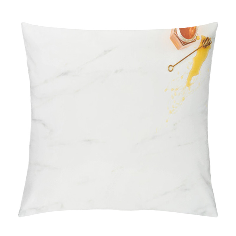 Personality  Honey Concept. Top View Of Golden Dipper With Honey And Jar On White Marble Background. Horizontal Flat Lay With Copy Space. Pillow Covers