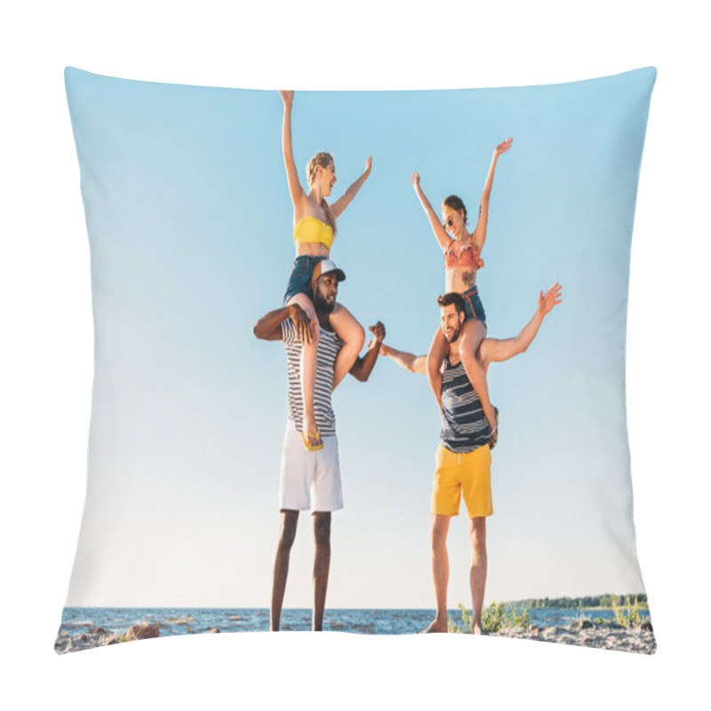 Personality  Cheerful Young Multiethnic Friends Having Fun Together On Sandy Beach  Pillow Covers