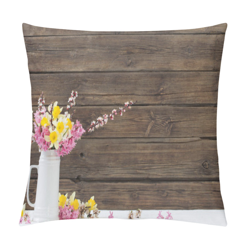 Personality  Spring Flowers In White Jug On Wooden Background Pillow Covers