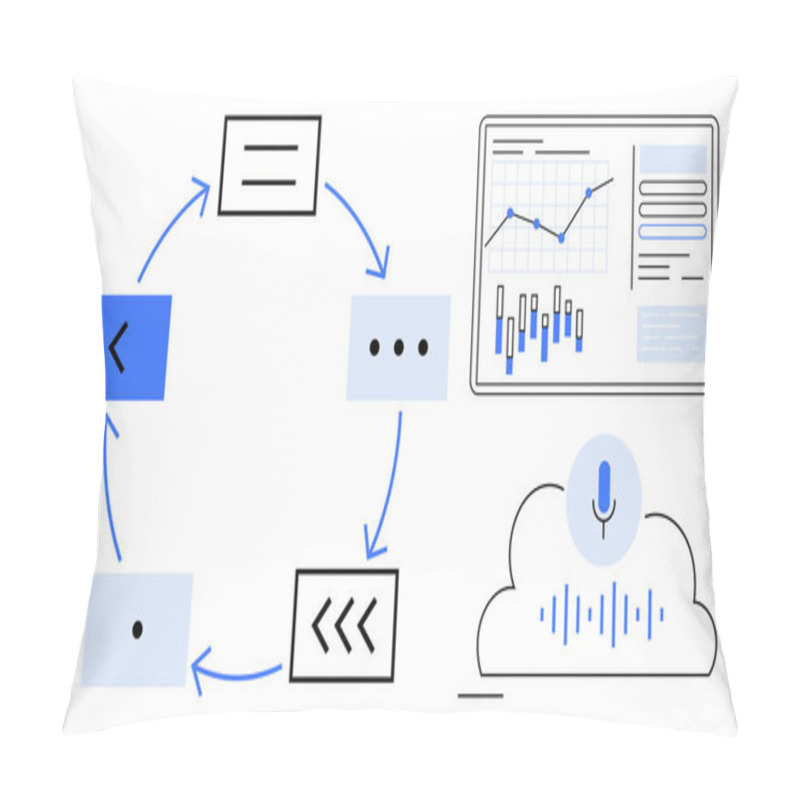 Personality  Flowchart With Arrows, Blocks, And Symbols Showing Sequential Steps. Graph And Chart On A Computer Screen, Microphone With Voice Wave In A Cloud. Ideal For Business Processes, Data Analysis, Project Pillow Covers