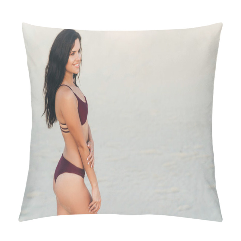 Personality  Side View Beautiful Girlfriend Met Someone Familiar On The Beach, The Model Is Standing In A Swimsuit And Smiling At A Friend Wants To Approach Him. Concept Of Rest, Beach, Travel, People. Pillow Covers