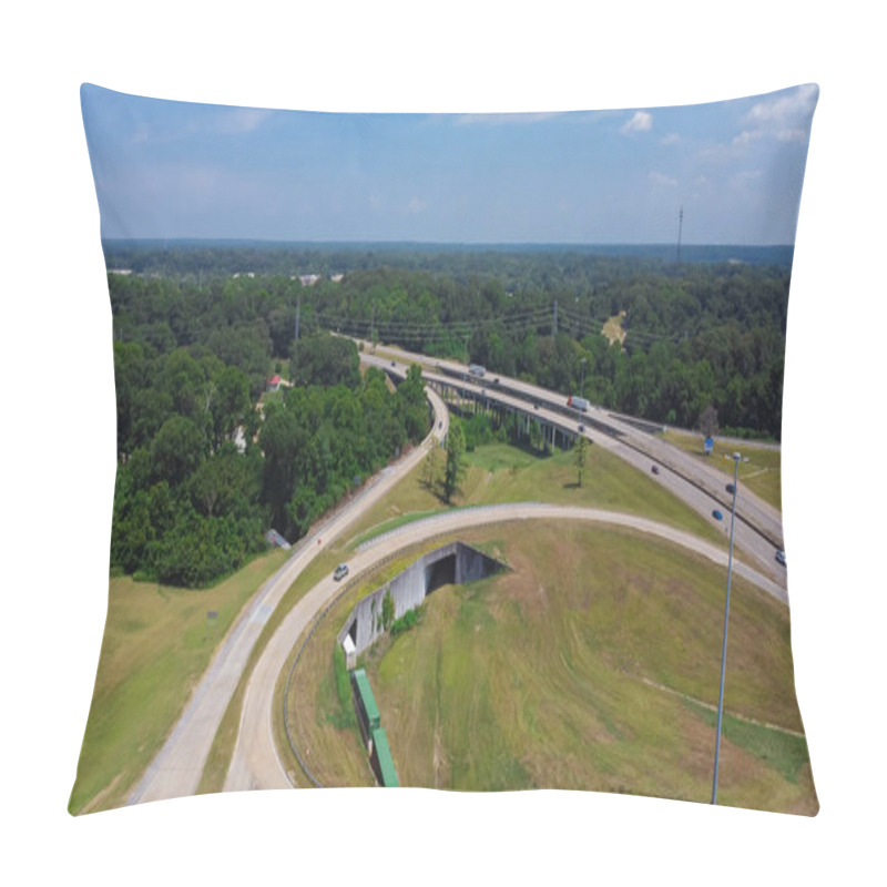 Personality  Circular Highway Exit Or Ring Road With Railroad Tunnel, Large Drainage System, Overpass, Viaduct Off Highway Interstate 20 In Vicksburg, Mississippi. Aerial View Beltline Loop Alternate Route Ramp Pillow Covers