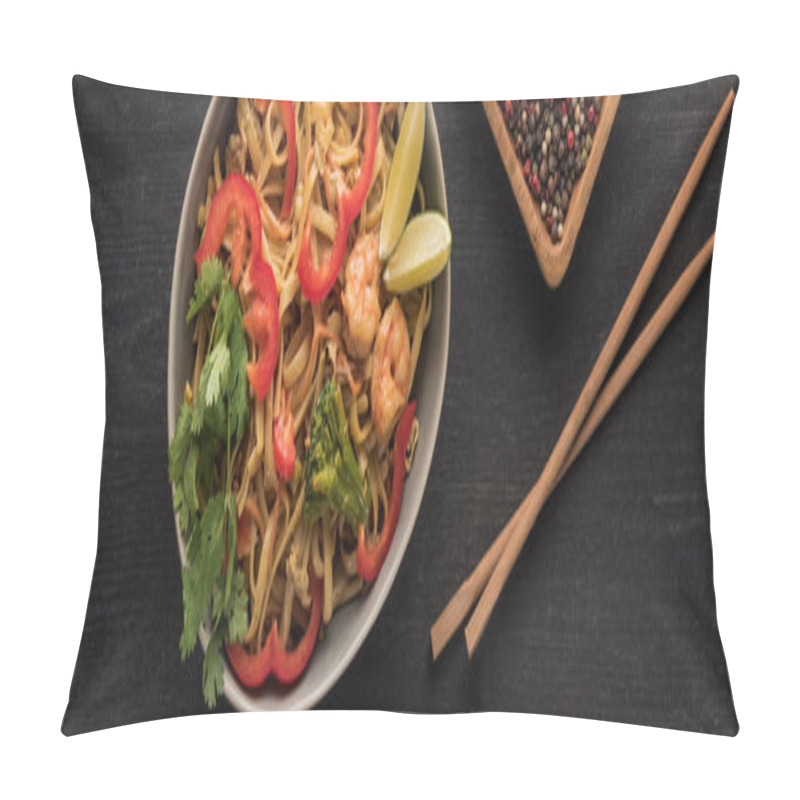 Personality  Top View Of Tasty Spicy Thai Noodles With Seafood Near Chopsticks On Wooden Grey Surface, Panoramic Shot Pillow Covers