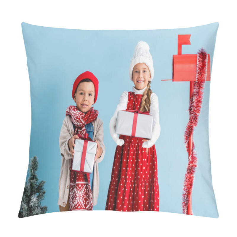 Personality  Kids In Hats And Winter Outfit Holding Presents Near Mailbox And Fir On Blue Pillow Covers