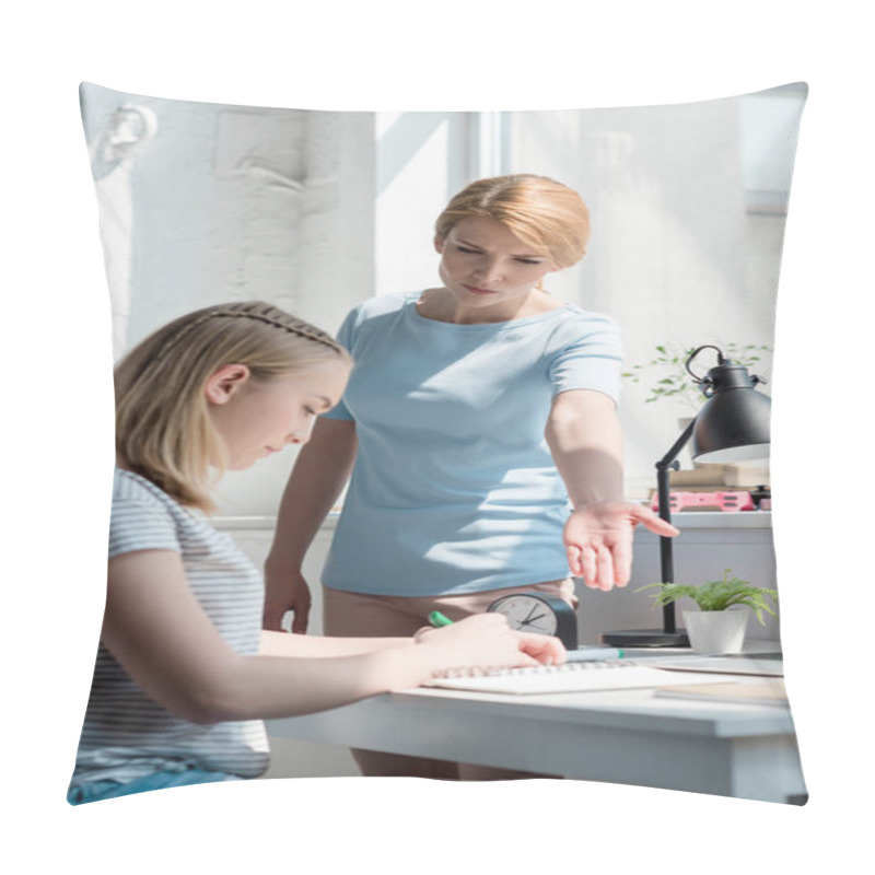 Personality  Mad Mother Pointing At Notebook While Her Daughter Doing Homework Pillow Covers