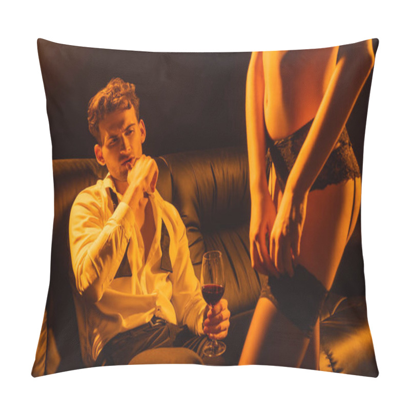 Personality  Selective Focus Of Man Holding Glass Of Red Wine And Looking At Sexy Woman On Black Pillow Covers