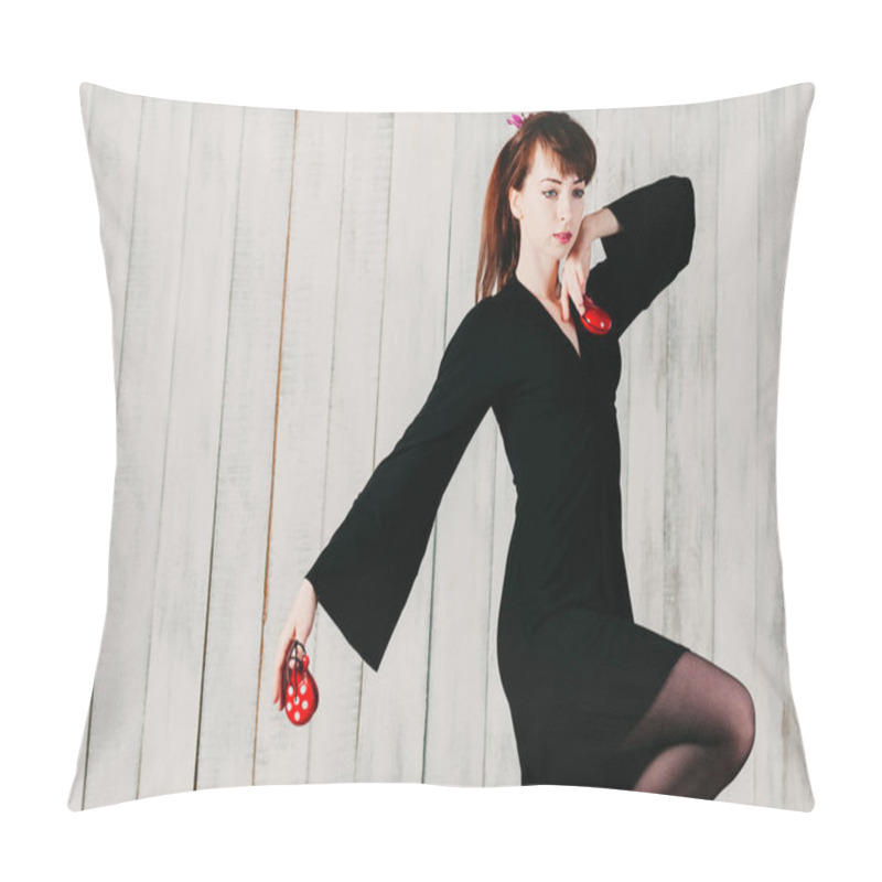 Personality  A Young Dancing Girl In Black Dress, With Castanets, Light Backg Pillow Covers