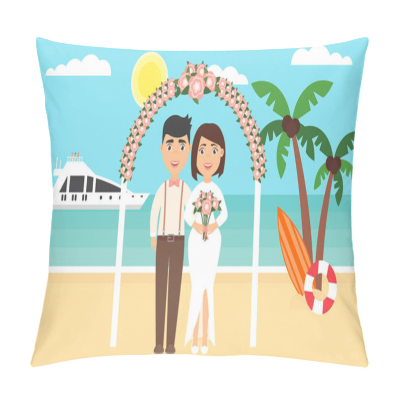 Personality  Summer Background, Sunset Beach. The Sea, Yachts, Palm Trees And Newly Married Couple. Floral Arch. Wedding Ceremony By The Ocean.Modern Flat Design. Vector Illustration. Pillow Covers