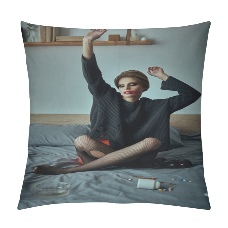 Personality  A Woman In A Black Sweater And Fishnet Stockings Poses On A Bed With Scattered Pills And An Ashtray. Pillow Covers