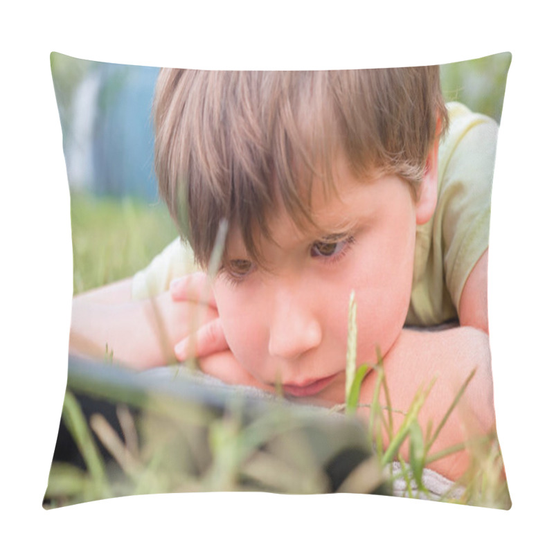 Personality  Child With Ipad On Green Grass. Portrait Of Boy With Tablet. Eye Problems Caused By Using Tablets Too Much. Health Care Concept. Boy With Tablet In The Park. Summer Holidays Alternative Education Pillow Covers