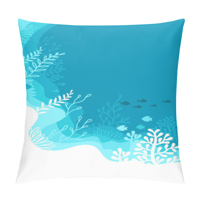 Personality  Vector Illustration Of Background In A Blue Palette Colours. Underwater Marine Life Of A Coral Reef Pillow Covers