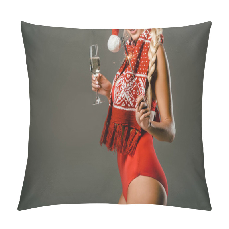 Personality  Partial View Of Woman In Red Scarf With Glass Of Champagne And Sparkler Isolated On Grey Pillow Covers