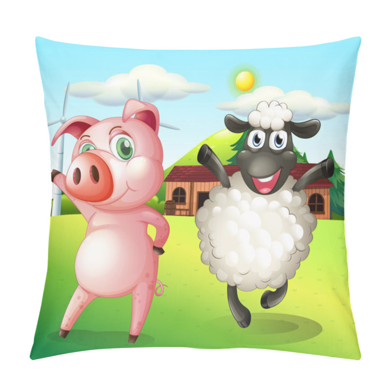 Personality  A Pig And A Sheep Dancing At The Farm With A Windmill Pillow Covers