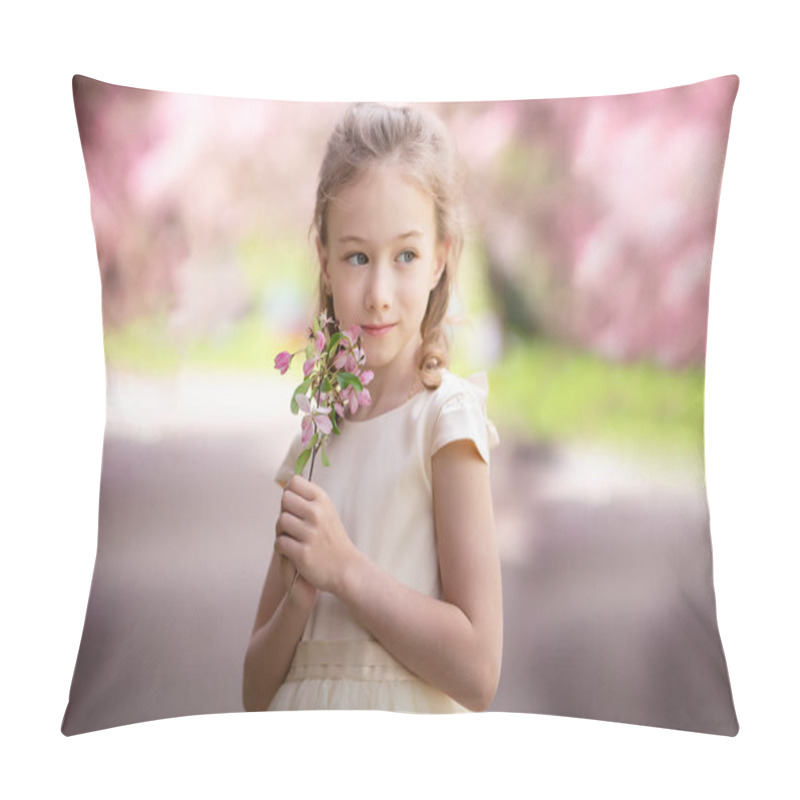 Personality  Cute Little Girl Smiles And Sniffs Flowers In A Spring Blooming Garden, Close Up Pillow Covers