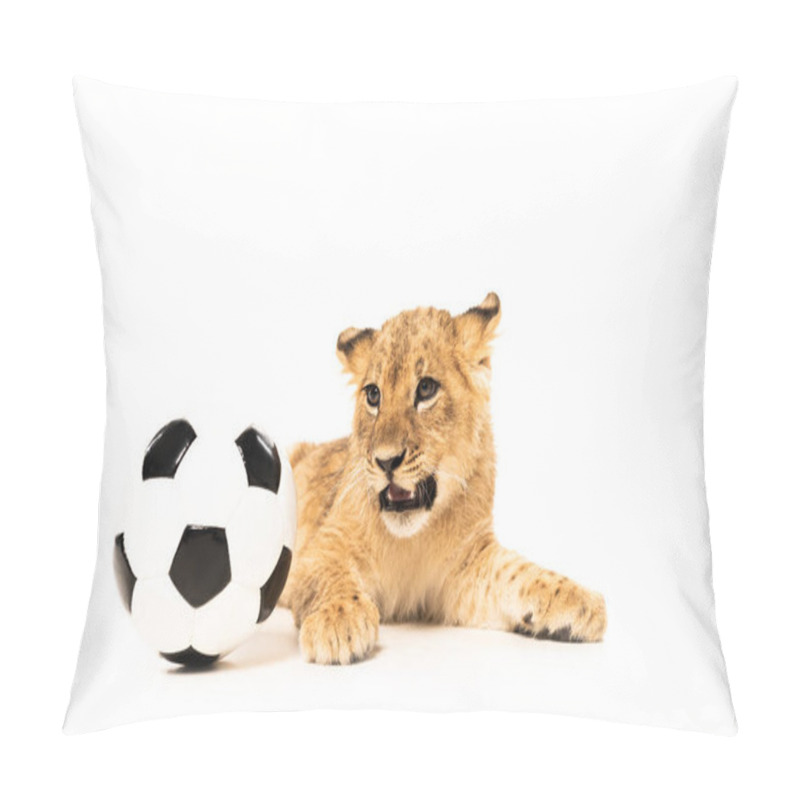 Personality  Cute Lion Cub Near Soccer Ball Isolated On White Pillow Covers