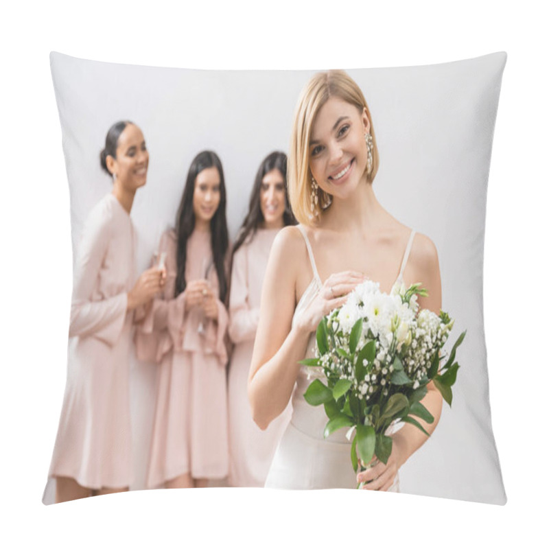 Personality  Attractive Bride In Wedding Dress Holding Bouquet, Standing Near Blurred Interracial Bridesmaids On Grey Background, Happiness, Special Occasion, Blonde And Brunette Women  Pillow Covers