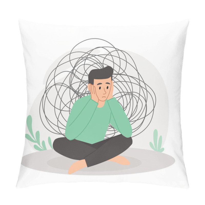 Personality  Young Depressed Man Concept. Frustrated Or Sad Male Character With Psychological Problems Sits On Floor And Thinks. Confused Guy With Mental Disorders And Stress. Cartoon Flat Vector Illustration Pillow Covers