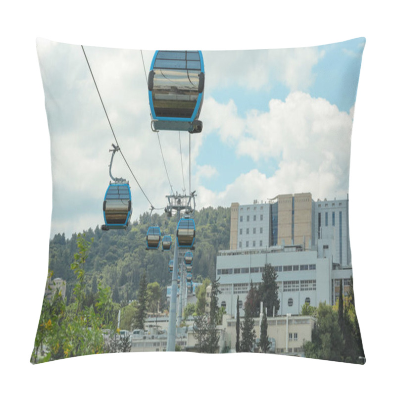 Personality  HAIFA, ISRAEL. April 26, 2021: The New Cable Car In Haifa That Connects The University Of Haifa And The Technion Institute To The Central Transportation Station. Pillow Covers