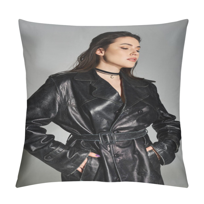 Personality  A Stunning Plus Size Woman Striking A Pose In A Black Leather Trench Coat Against A Gray Backdrop. Pillow Covers