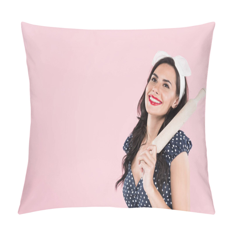 Personality  Laughing Brunette Woman In Dotted Dress Holding Wooden Rolling Pin Isolated On Pink Pillow Covers