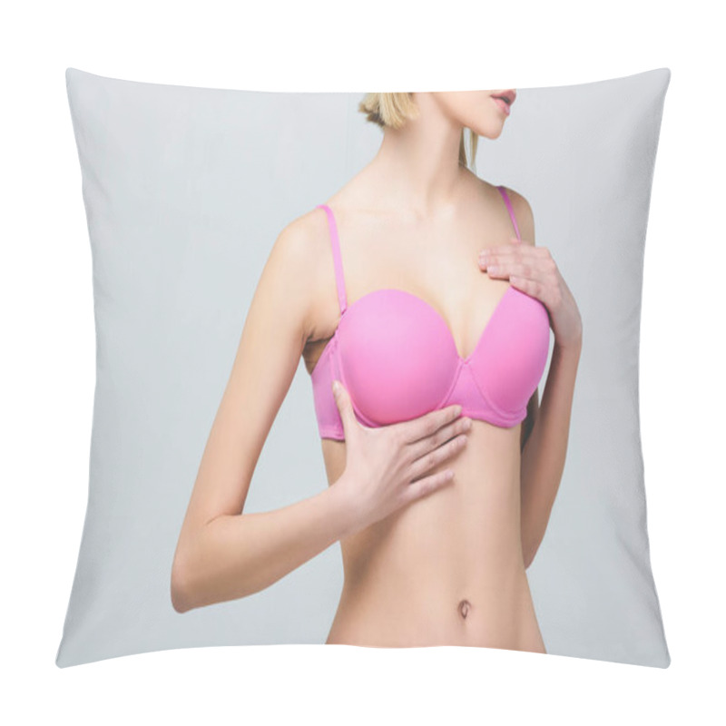 Personality  Cropped View Of Young Woman In Pink Bra Isolated On Grey, Breast Cancer Concept Pillow Covers