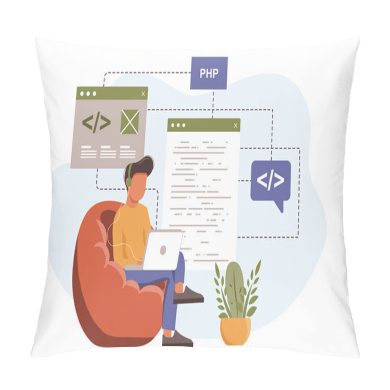 Personality  Programmer Working Isolated Set In Flat Design. People Programming Software, Coding, Testing, Collection Of Scenes. Vector Illustration For Blogging, Website, Mobile App, Promotional Materials. Pillow Covers