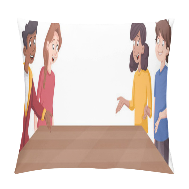 Personality  Cartoon Teenagers Around Table. Happy Young People. Pillow Covers