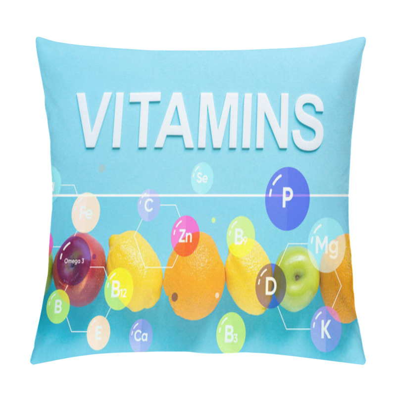 Personality  Top View Of Ripe Fruits In Line And Vitamins Illustration On Blue Background Pillow Covers