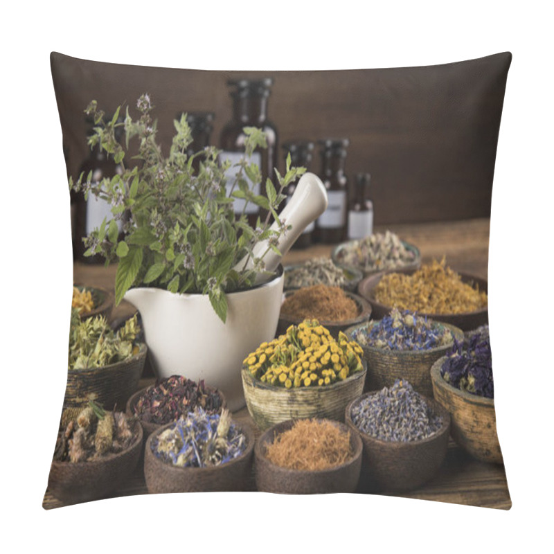 Personality  Natural Remedy,Herbal Medicine And Wooden Table Background Pillow Covers