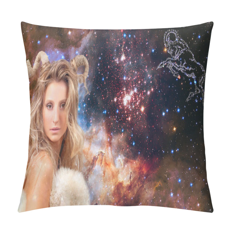 Personality  Aries Zodiac Sign. Astrology And Horoscope Concept, Beautiful Woman Aries On The Galaxy Background Pillow Covers