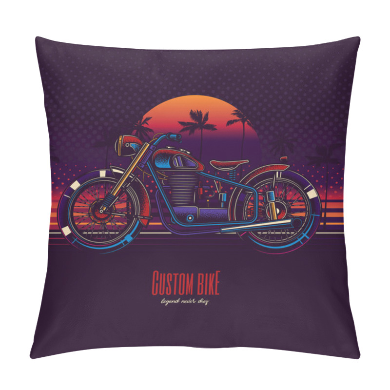 Personality  Original Vector Illustration In Neon Style. American Motorcycle Custom Made On The Beach Against The Background Of The Sea, Palm Trees And Sunset. Pillow Covers