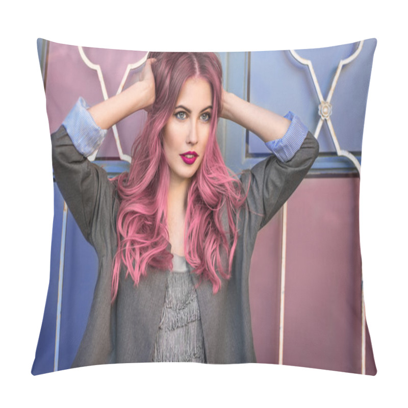 Personality  Beautiful Hipster Fashion Model With Curly Pink Hair Posing In Front Of The Colorful Wall Pillow Covers