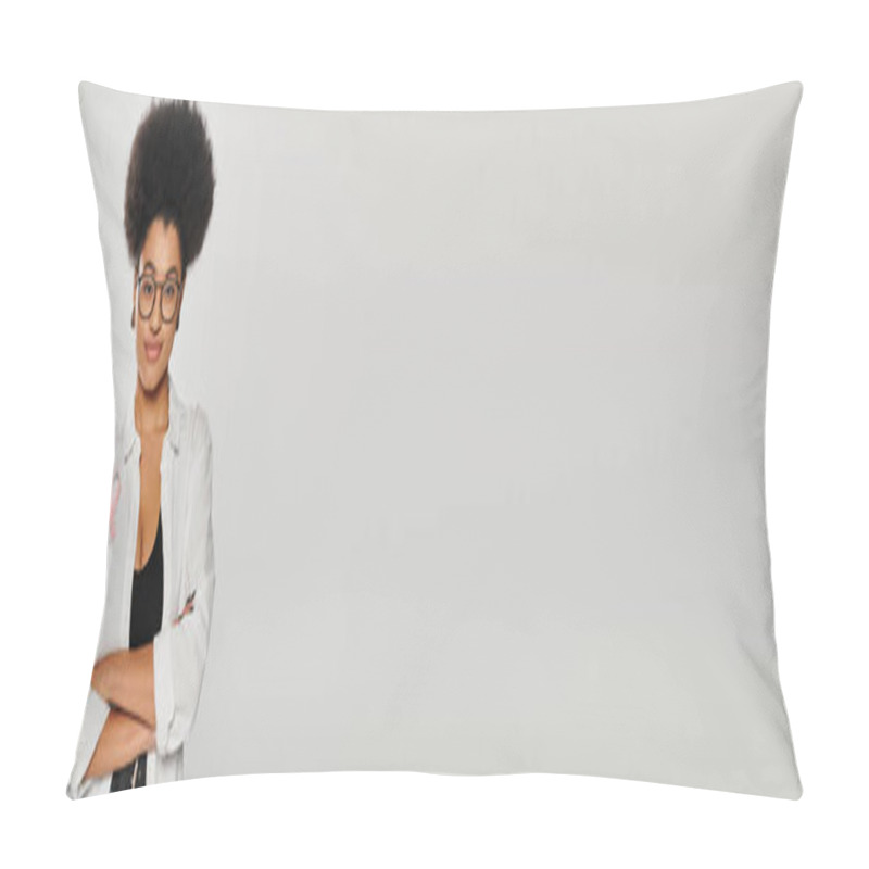 Personality  African American Woman With Pink Ribbon Crossing Arms Isolated On Grey, Banner, Breast Cancer Pillow Covers