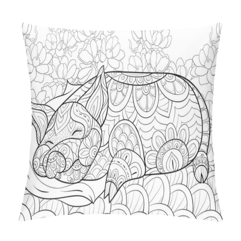 Personality  A Cute Pig Sleeping On A Pillow With Ornaments On The Floral Background Image For Adults.A Coloring Book,page For Relaxing Activity.Zen Art Style Illustration For Print. Pillow Covers