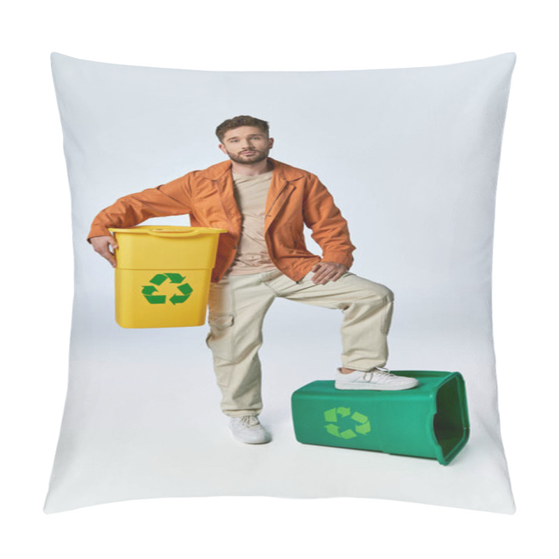 Personality  A Man Stands Confidently, Holding A Yellow Recycling Bin, With A Green Bin Beneath His Foot. Pillow Covers