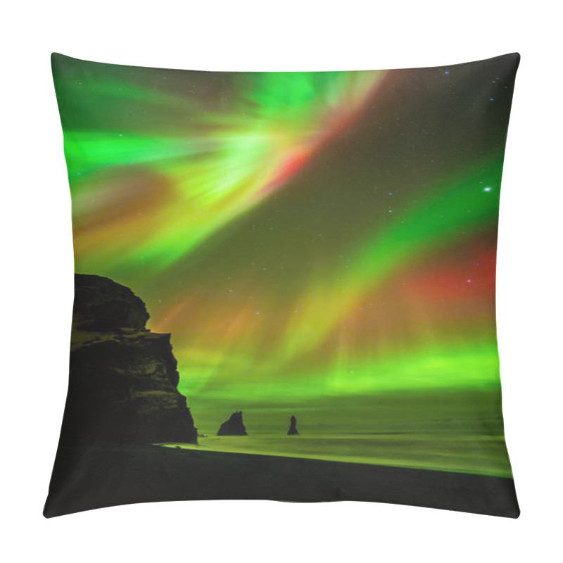 Personality  Vik Beach Is Amazing Place In The South Part Of Iceland. It Is Exciting To Wait For A Few Monents Of Green Lights. In The Foreground Is Waterfall. The Northern Lights Are Reflecting In The Ocean. Pillow Covers