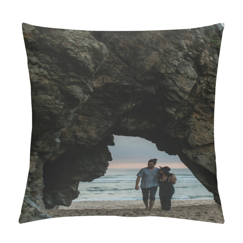 Personality  Bearded Man And Woman In Dress Walking On Sandy Beach Near Ocean During Sunset Pillow Covers