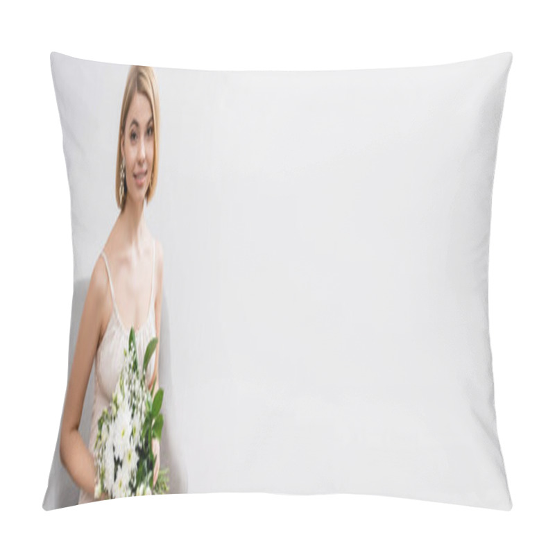 Personality  Special Occasion, Beautiful, Blonde Bride In Wedding Dress Sitting In Armchair And Holding Bouquet On Grey Background, White Flowers, Bridal Accessories, Happiness, Banner Pillow Covers