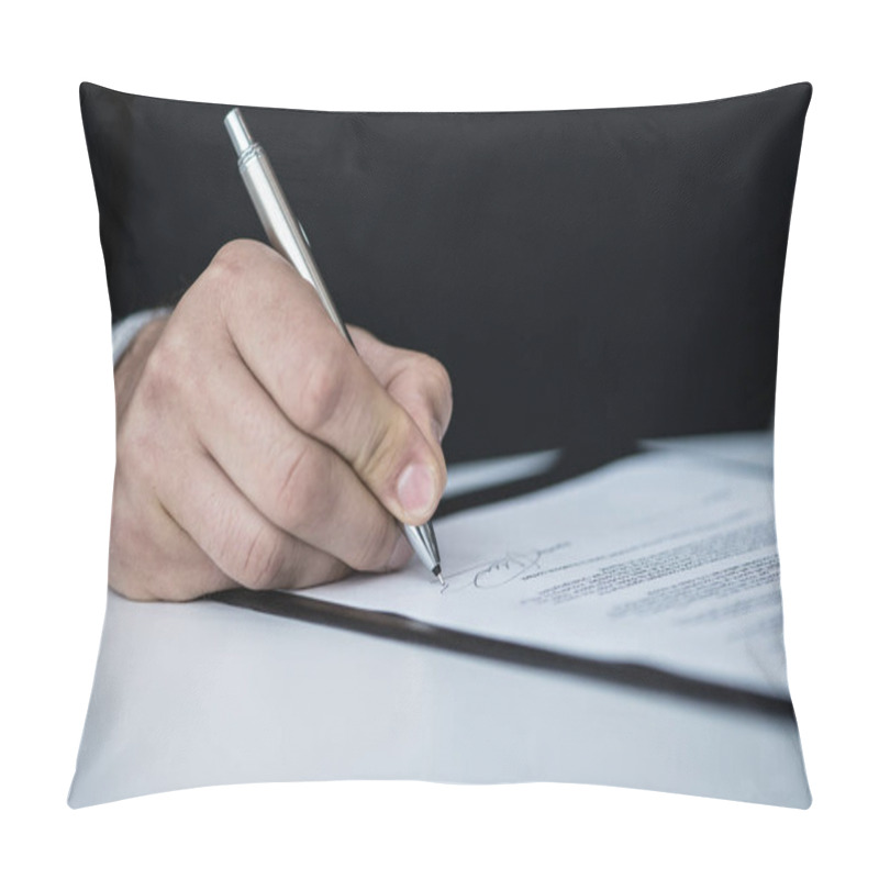 Personality  Businessman Signing A Contract Close Up View From Behind Pillow Covers