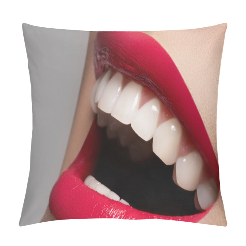 Personality  Close-up Happy Female Smile With Healthy White Teeth, Bright Magenta Lips Pillow Covers